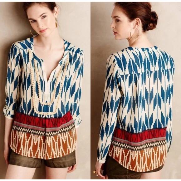 Maeve Top 2 Green Arrow Print Western Rohana V-Neck Long Sleeve Lightweight - Picture 1 of 13